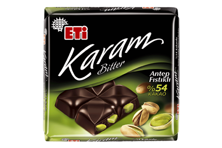 Eti Karam Bitter<br /> Chocolate with 54%<br /> Cocoa and Pistachio